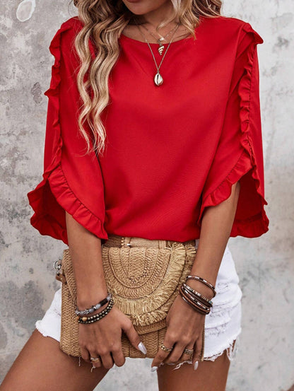 Women’s Black Ruffle Sleeve Loose Fit Chiffon Blouse
