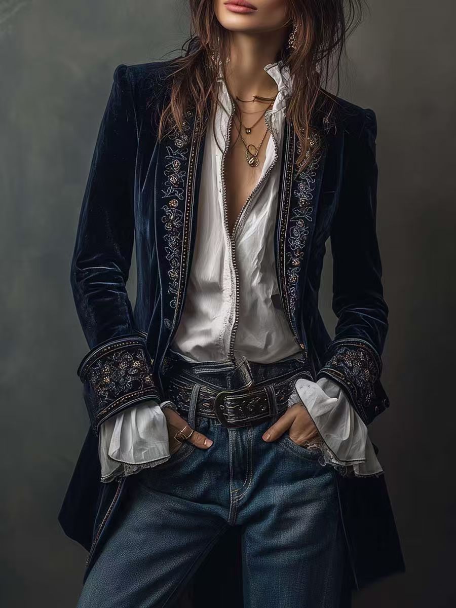 Women's Velvet Embroidered Blazer Open Front Vintage
