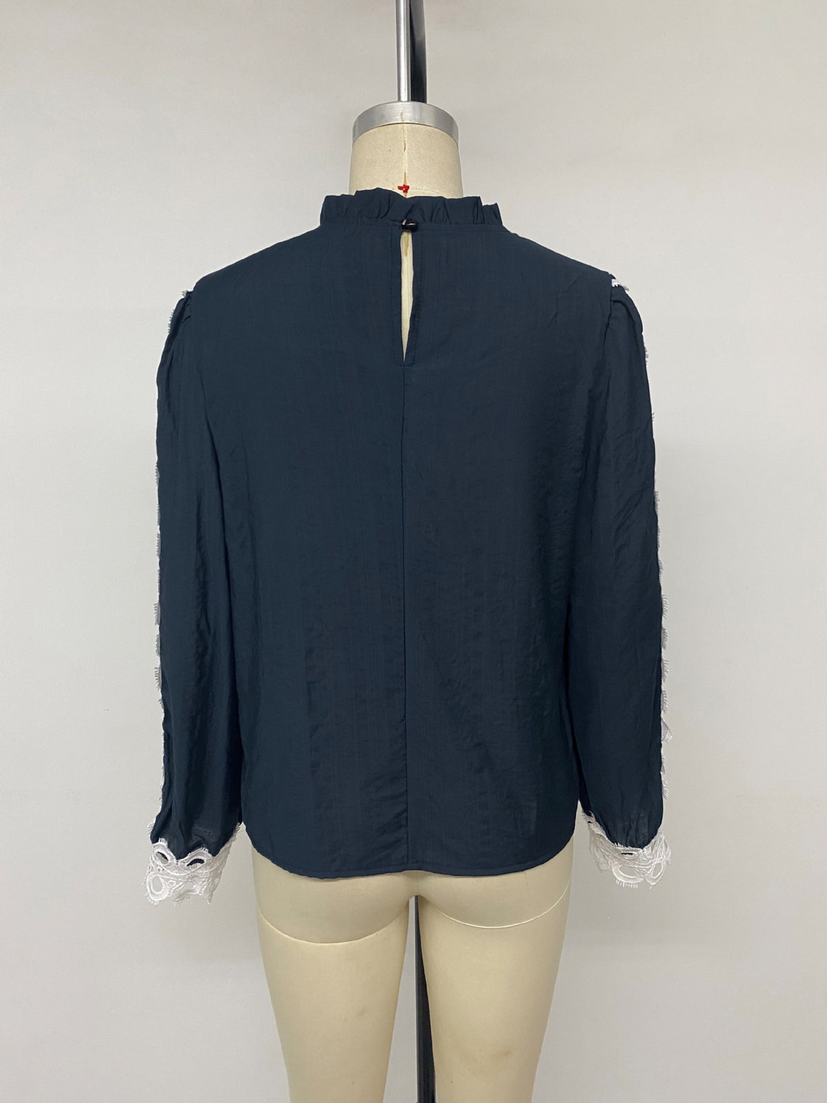 Navy Crochet Lace Long Sleeve Button Up Blouse