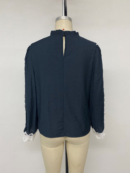 Navy Crochet Lace Long Sleeve Button Up Blouse