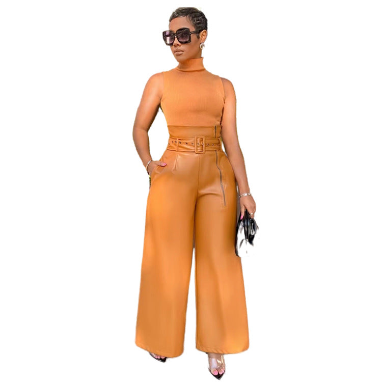 Women's High Waist PU Leather Wide Leg Belted Pants