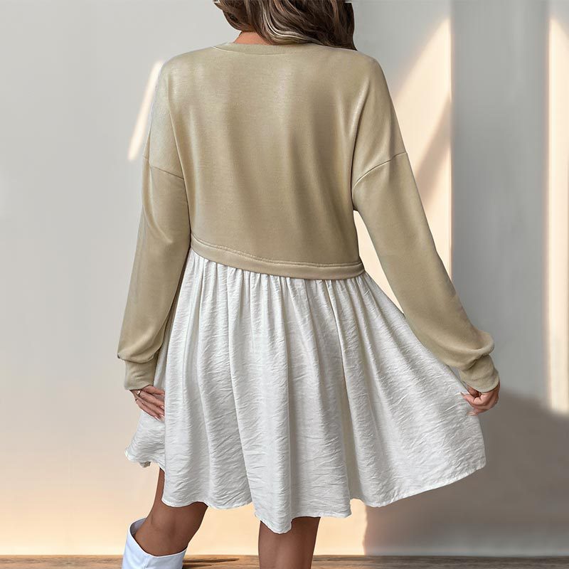 Casual Daily Versatile Long-sleeved Dress Autumn Round Neck Contrasting Color Splicing Short Skirt