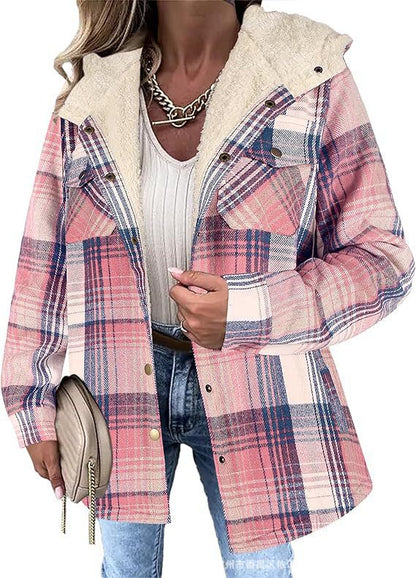 Women's Plaid Hooded Fleece Lined Wool Shacket