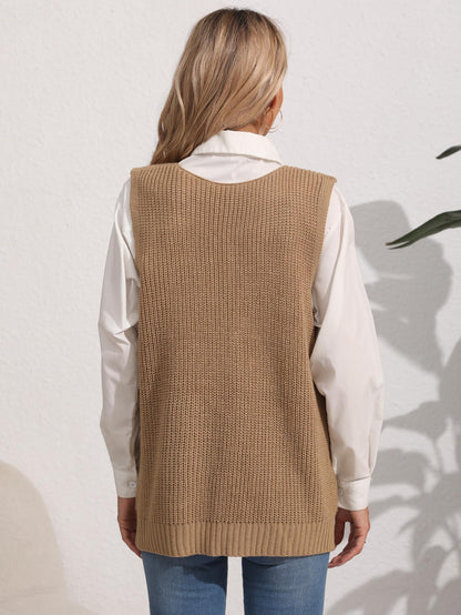 Women's Vest Double Pocket Splicing V-Neck Casual Pearl Vest Sweater