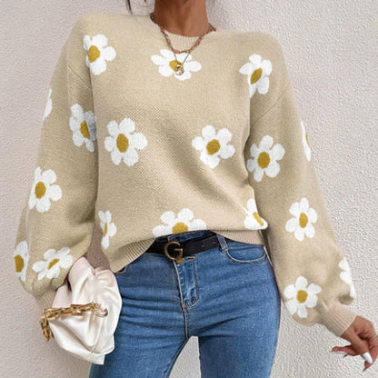 Women's Daisy Floral Long Sleeve Crew Neck Knit Sweater