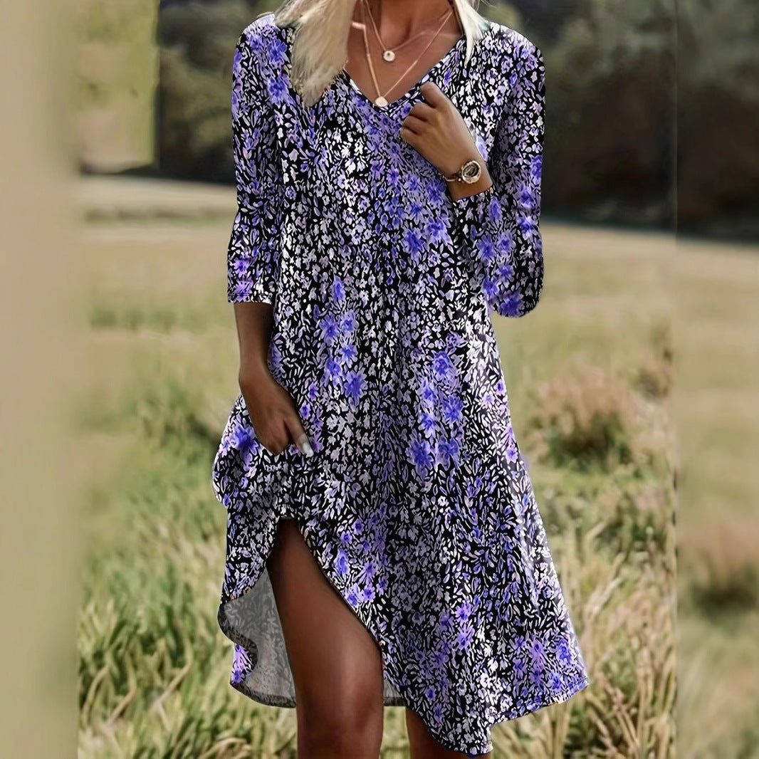 Women's Boho Floral V Neck Long Sleeve Midi Dress