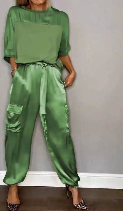 Women's Satin 2 Piece Set Half Sleeve Top Cargo Pants