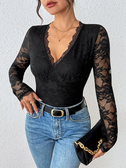 Black Lace V Neck Long Sleeve Slim Fit Bodysuit
