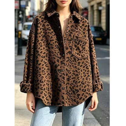 Leopard Print Corduroy Oversized Button Up Shirt