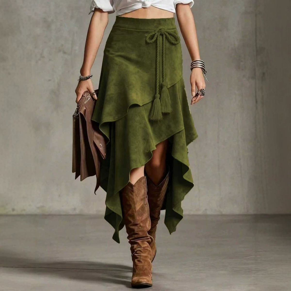Western Faux Suede Asymmetrical Midi Skirt
