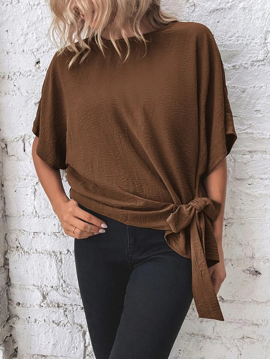 Casual Round Neck Knot Waist Tunic T-Shirt