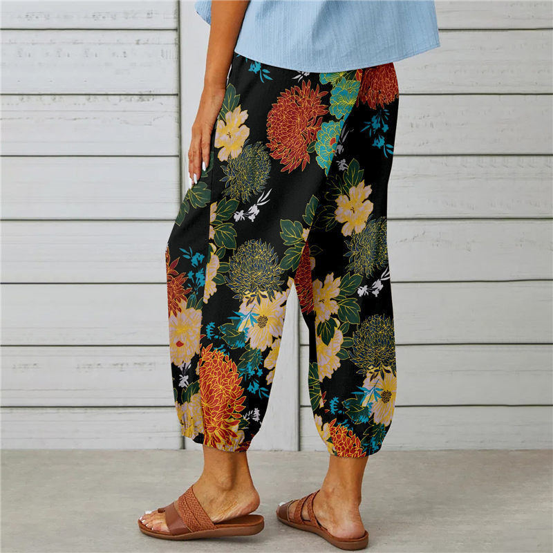 Women's Boho Floral High Waist Cotton Linen Joggers