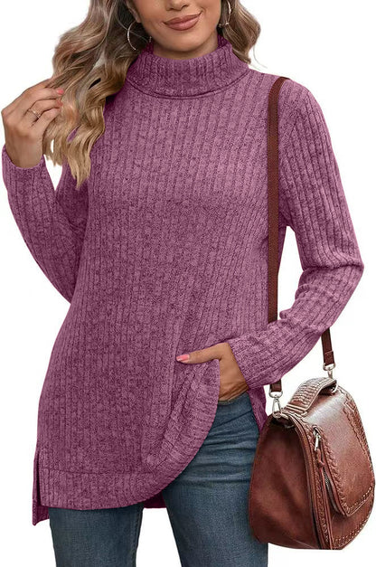 Oversized Ribbed Turtleneck Tunic Top Side Split