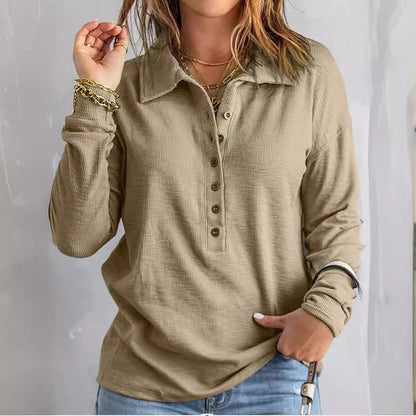 Women's Ribbed Knit Collared Button Front Long Sleeve Top