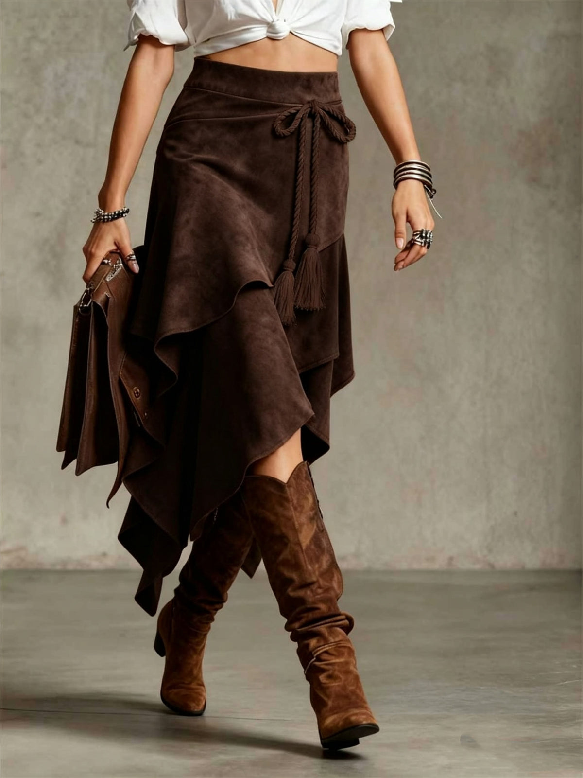 Western Faux Suede Asymmetrical Midi Skirt