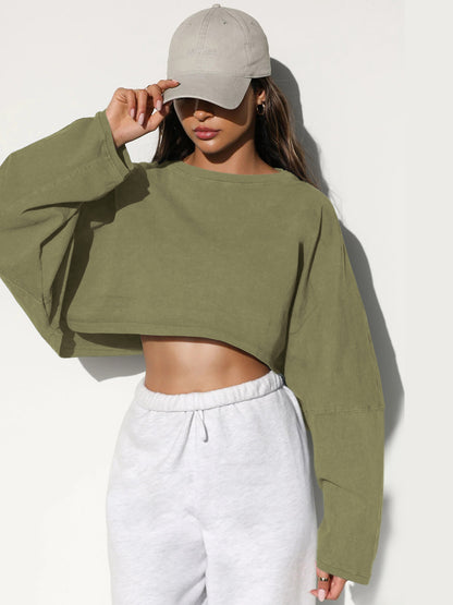 Women's Cropped Sweatshirt Crew Neck Long Sleeve Top