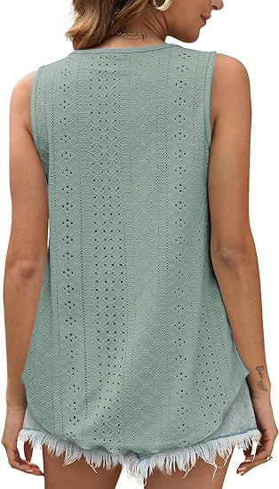 Eyelet Knit Tank Top Sleeveless Loose Fit Summer Top