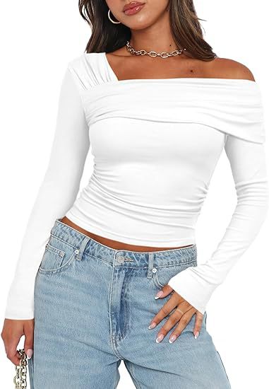 Women's One Shoulder Ruched Long Sleeve Crop Top Y2K
