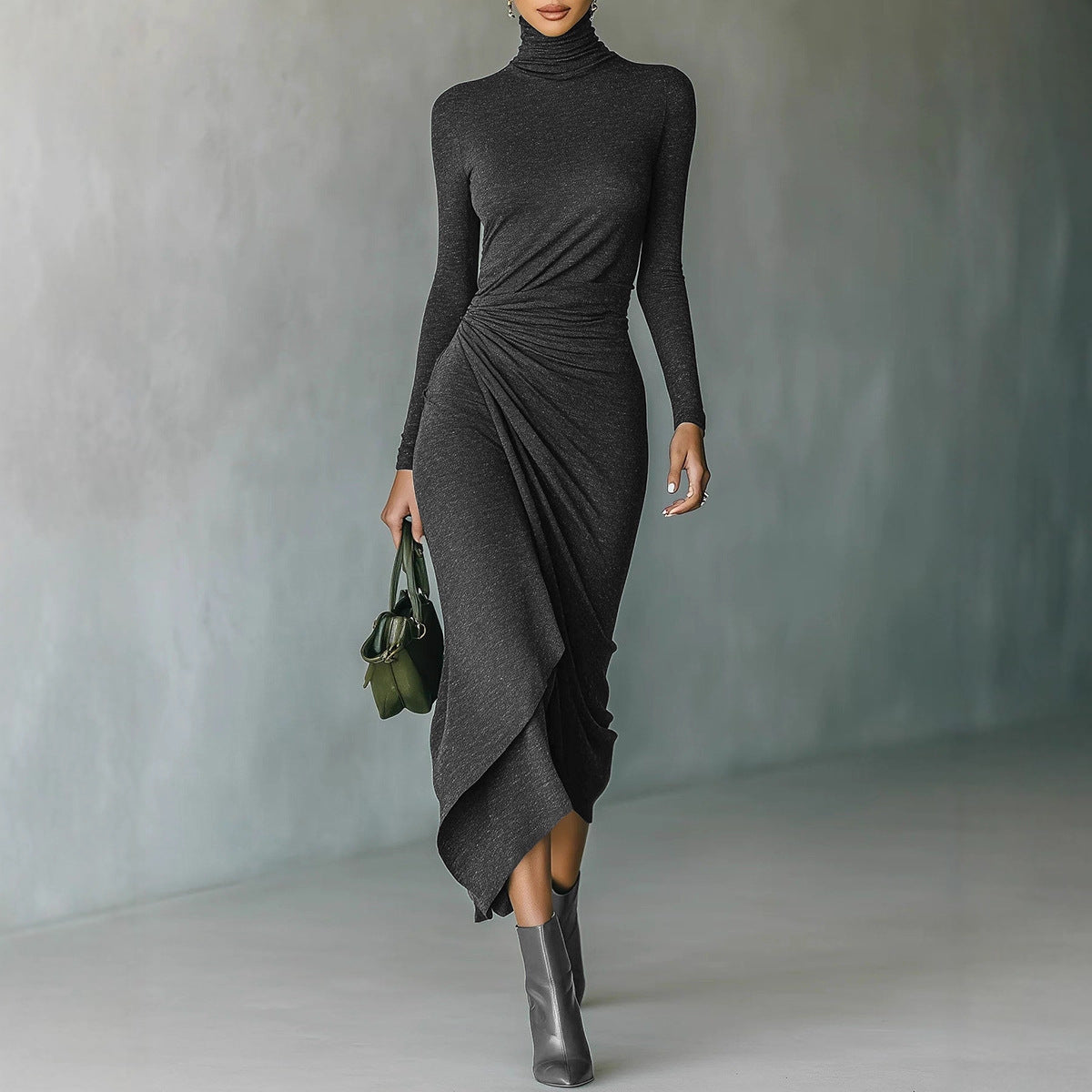 Turtleneck Long Sleeve Ruched Asymmetrical Midi Dress