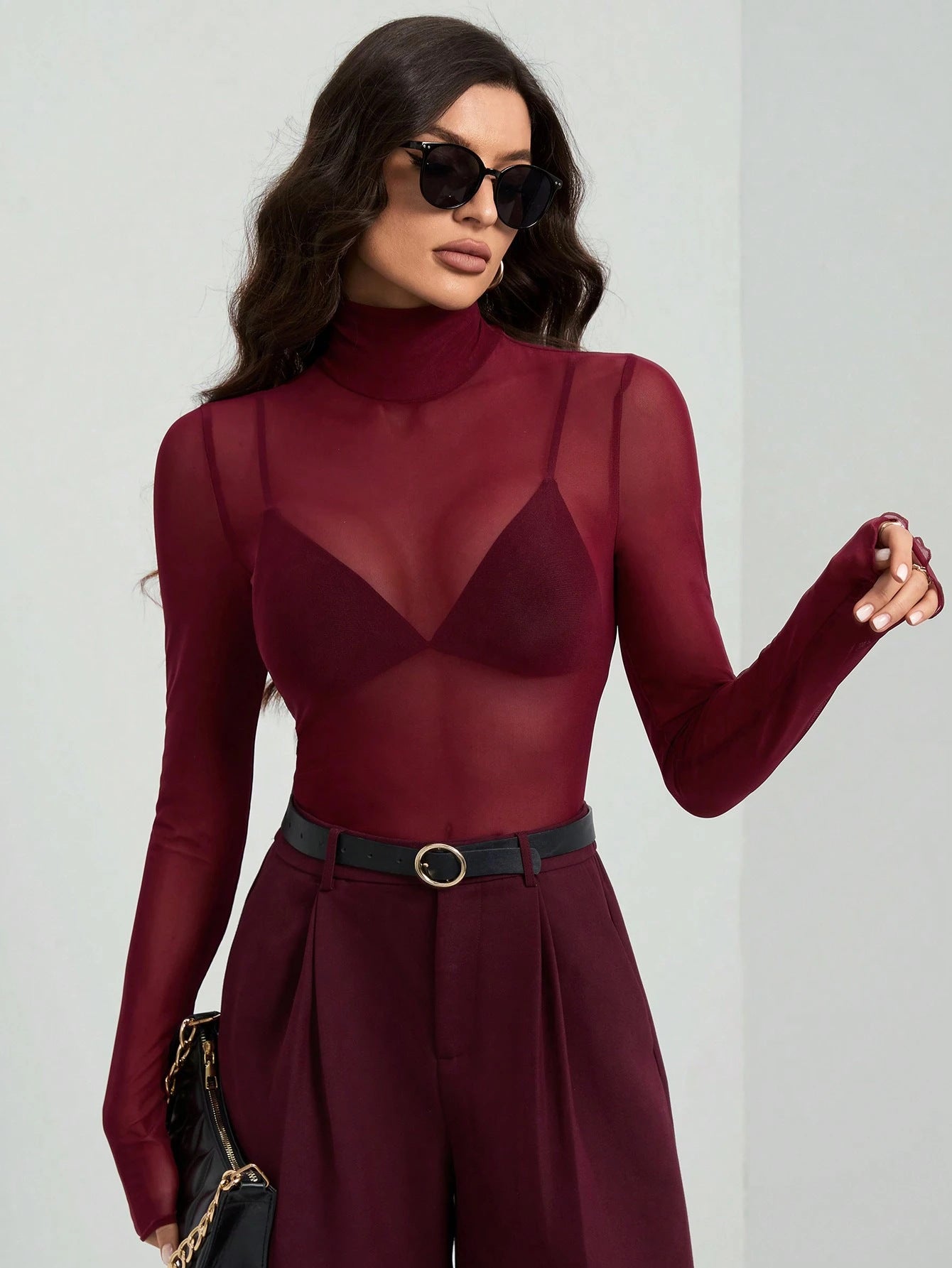 Solid Mesh Turtleneck Top Long Sleeve Fitted Blouse