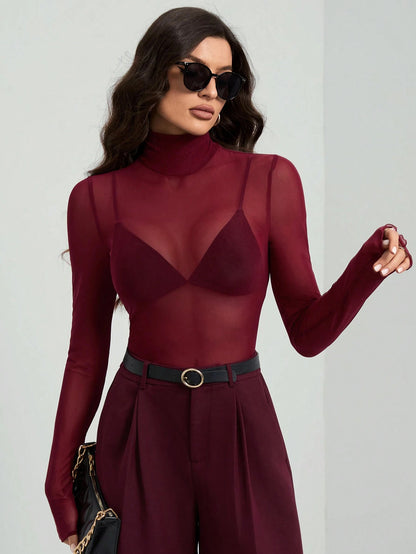 Solid Mesh Turtleneck Top Long Sleeve Fitted Blouse
