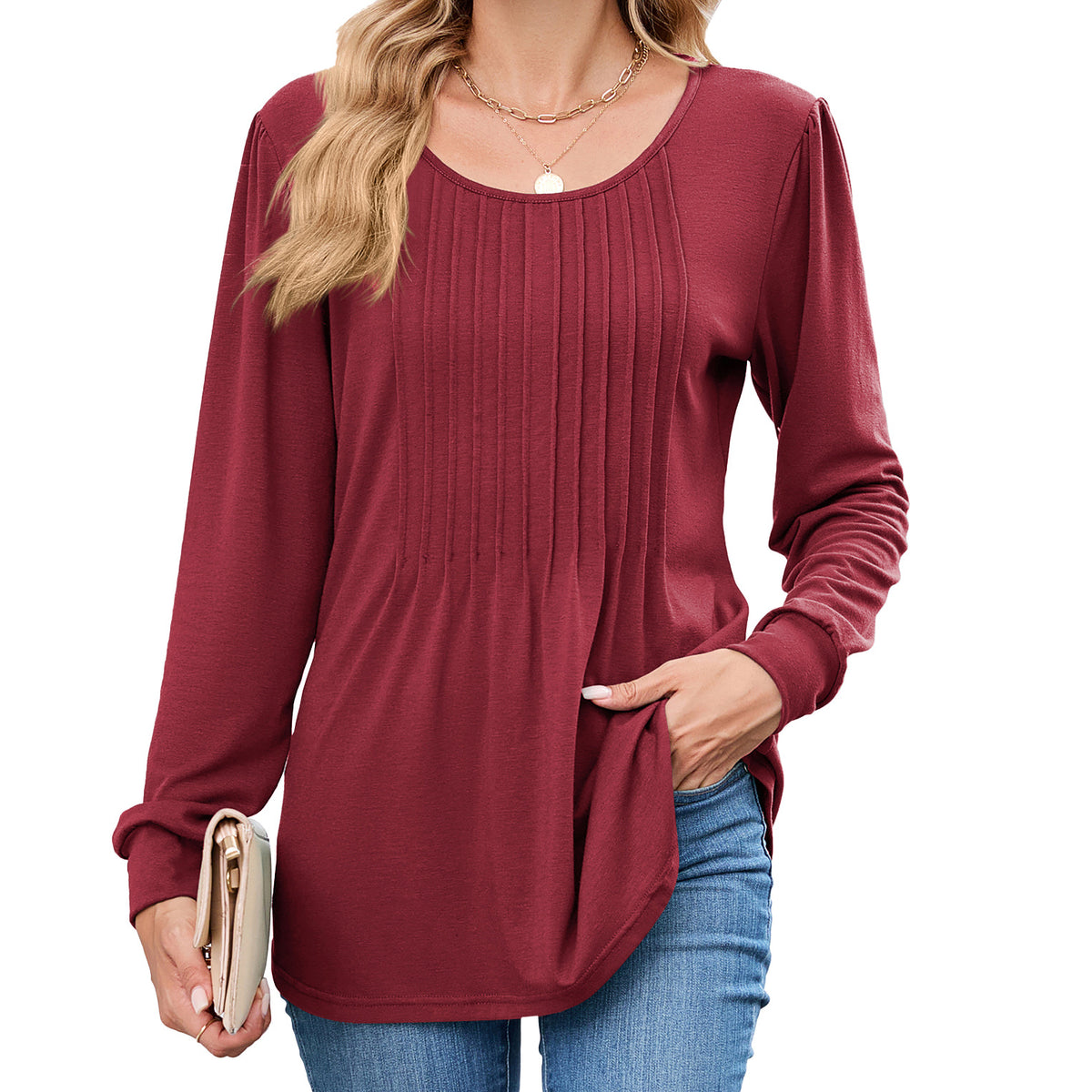 Women's Long Sleeve Pleated Tunic Top Loose Casual Blouse