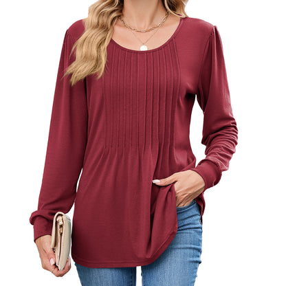 Women's Long Sleeve Pleated Tunic Top Loose Casual Blouse