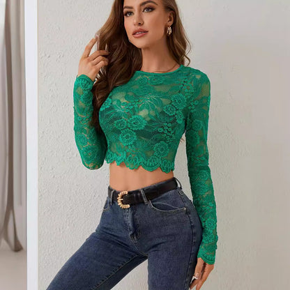 Sexy Lace Long-Sleeve Slim Fit Pullover T-Shirt Top