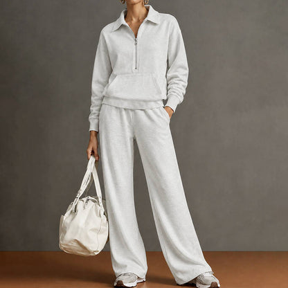 Women's Quarter Zip Sweatshirt Wide Leg Pants 2 Piece Set