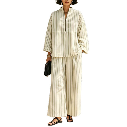 Women's Striped Half Zip Top Wide Leg Pants Set