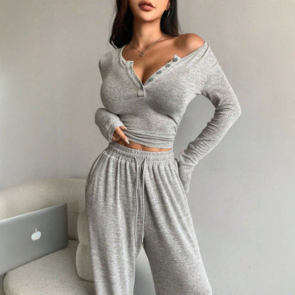 Women's Off Shoulder Button Front Knit Two Piece Pants Set