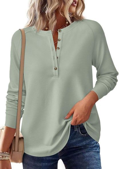 Waffle Knit Henley Top Button V Neck Long Sleeve Tee