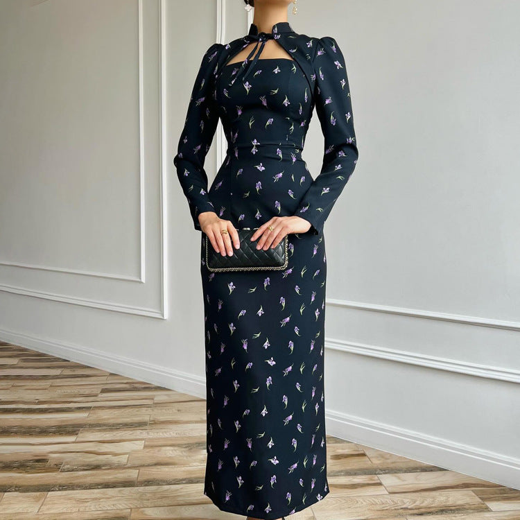 Floral Tie Neck Long Sleeve Bodycon Midi Dress Slit