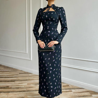 Floral Tie Neck Long Sleeve Bodycon Midi Dress Slit