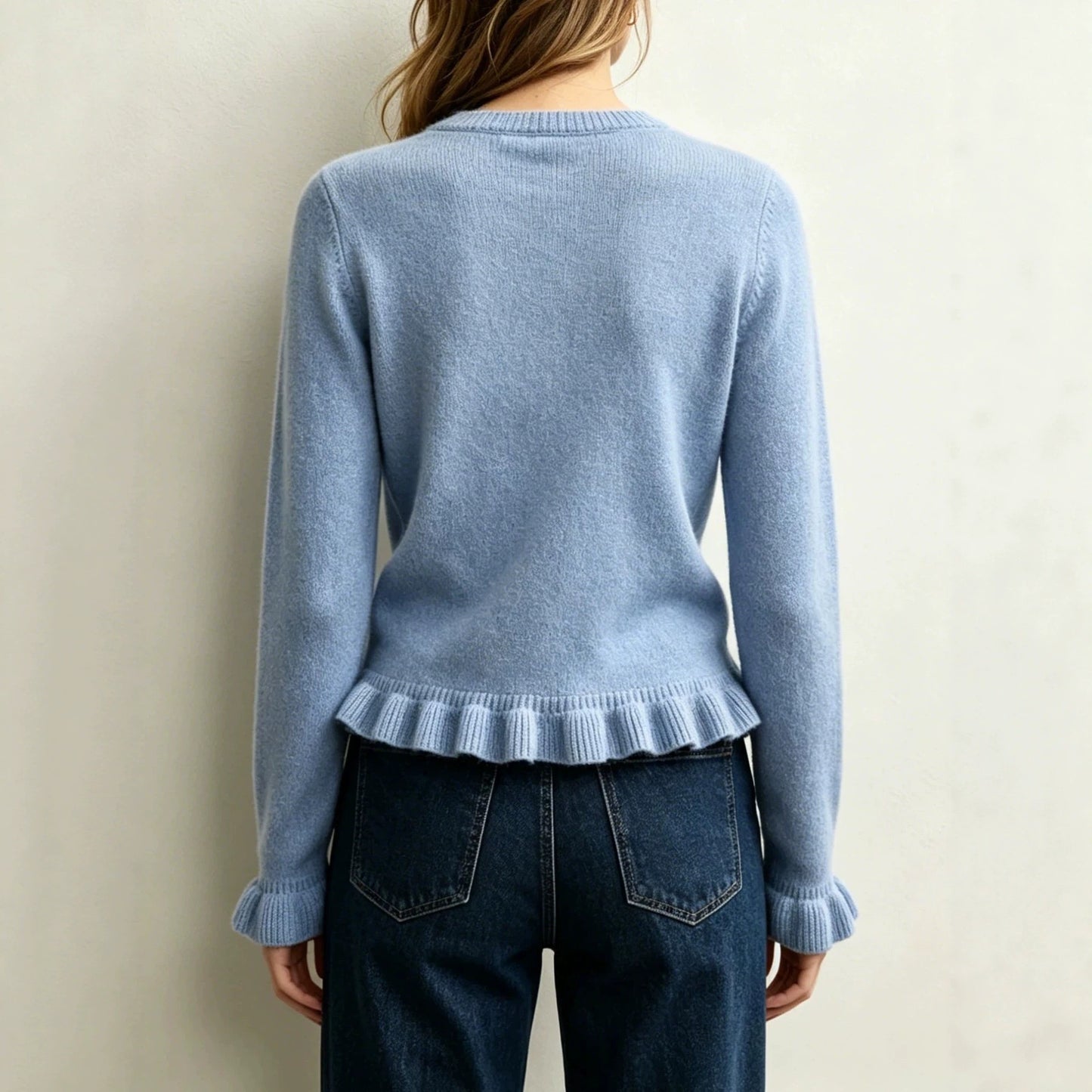 Ruffle Hem Knit Sweater Crew Neck Long Sleeve Top
