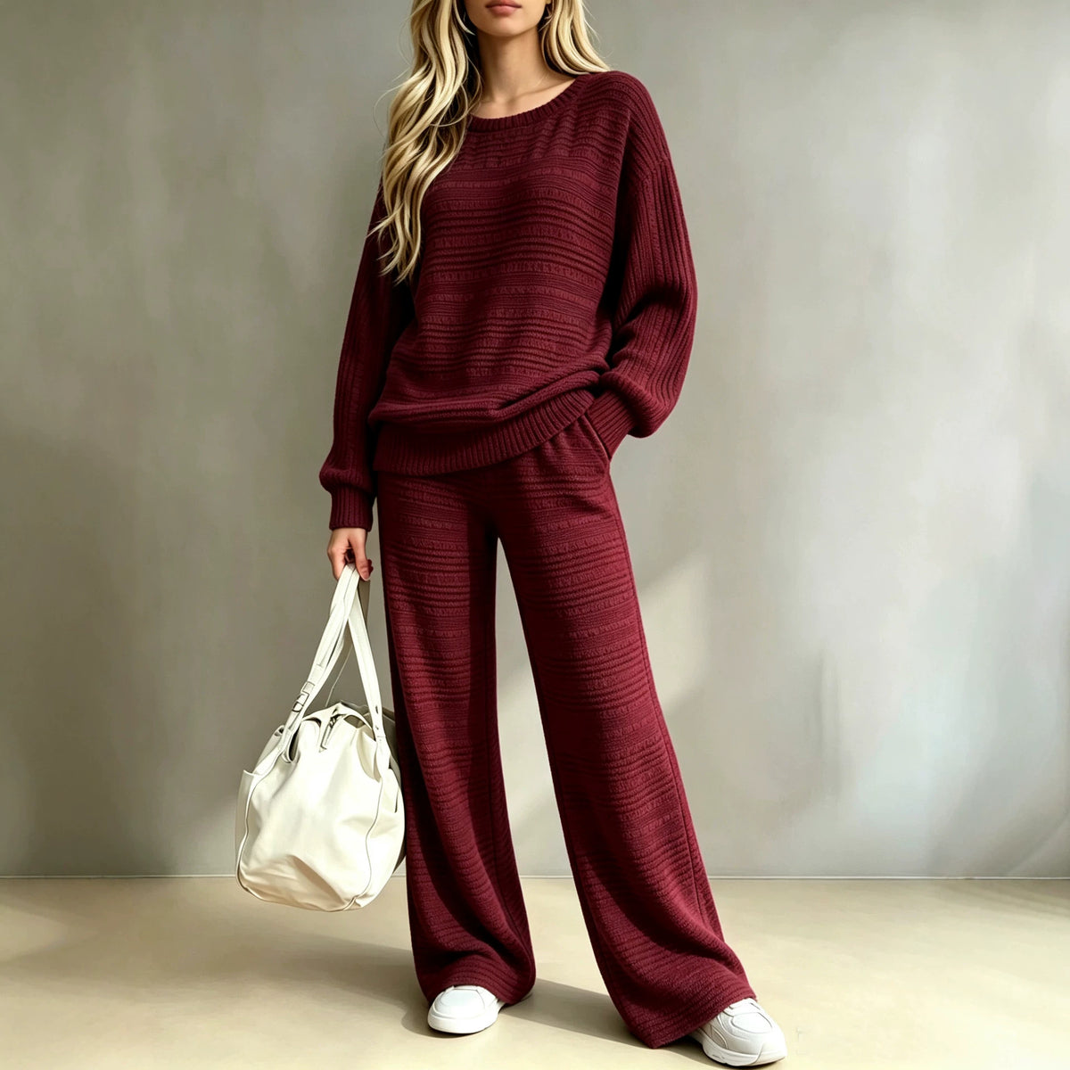 Women's Ribbed Knit Lounge Set Wide Leg Pants