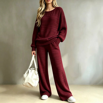 Women's Ribbed Knit Lounge Set Wide Leg Pants
