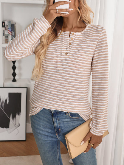 Striped waffle knit Henley top relaxed long sleeve