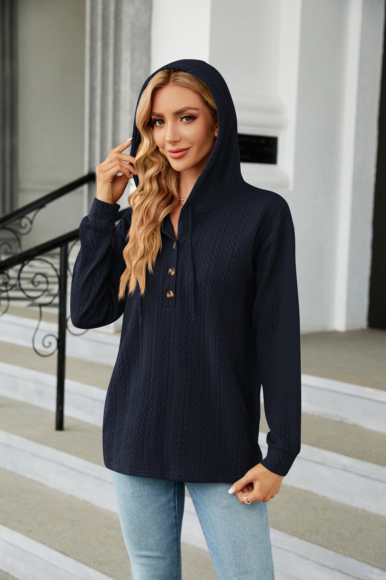 Women's Oversized V-Neck Button Hoodie Long Sleeve Top