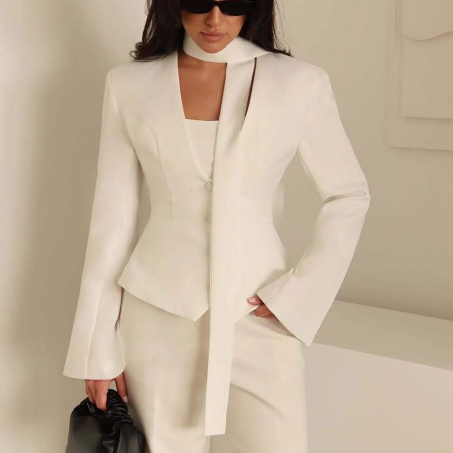 Women's V-Neck Fitted Long Sleeve Tie Blazer