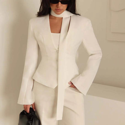Women's V-Neck Fitted Long Sleeve Tie Blazer