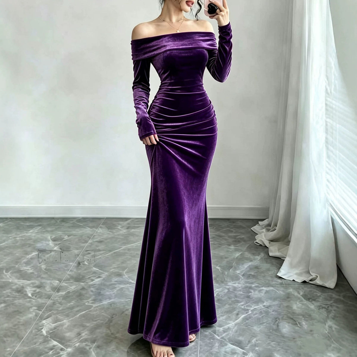 Long Sleeve Velvet Off Shoulder Bodycon Maxi Dress