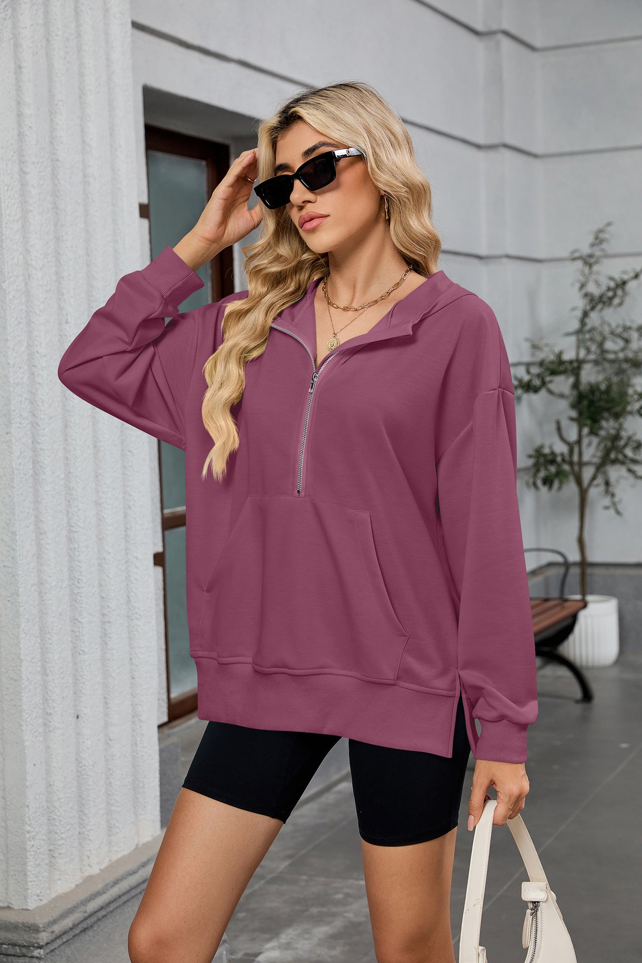 Womens Half Zip Hoodie Oversized Pocket Sweatshirt