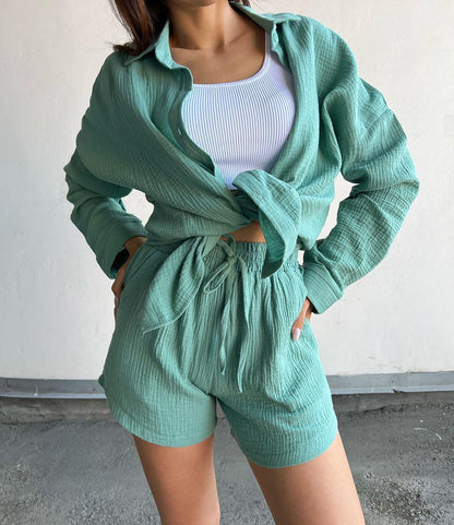 Womens Button Down Shirt and Shorts 2 Piece Set