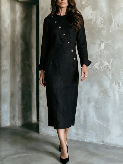 Women's Elegant Asymmetric Button Long Sleeve Midi Dress