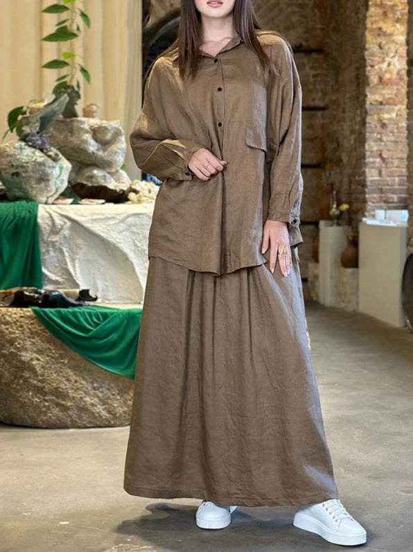 Plus Size Cotton Linen Button Shirt Long Skirt Set