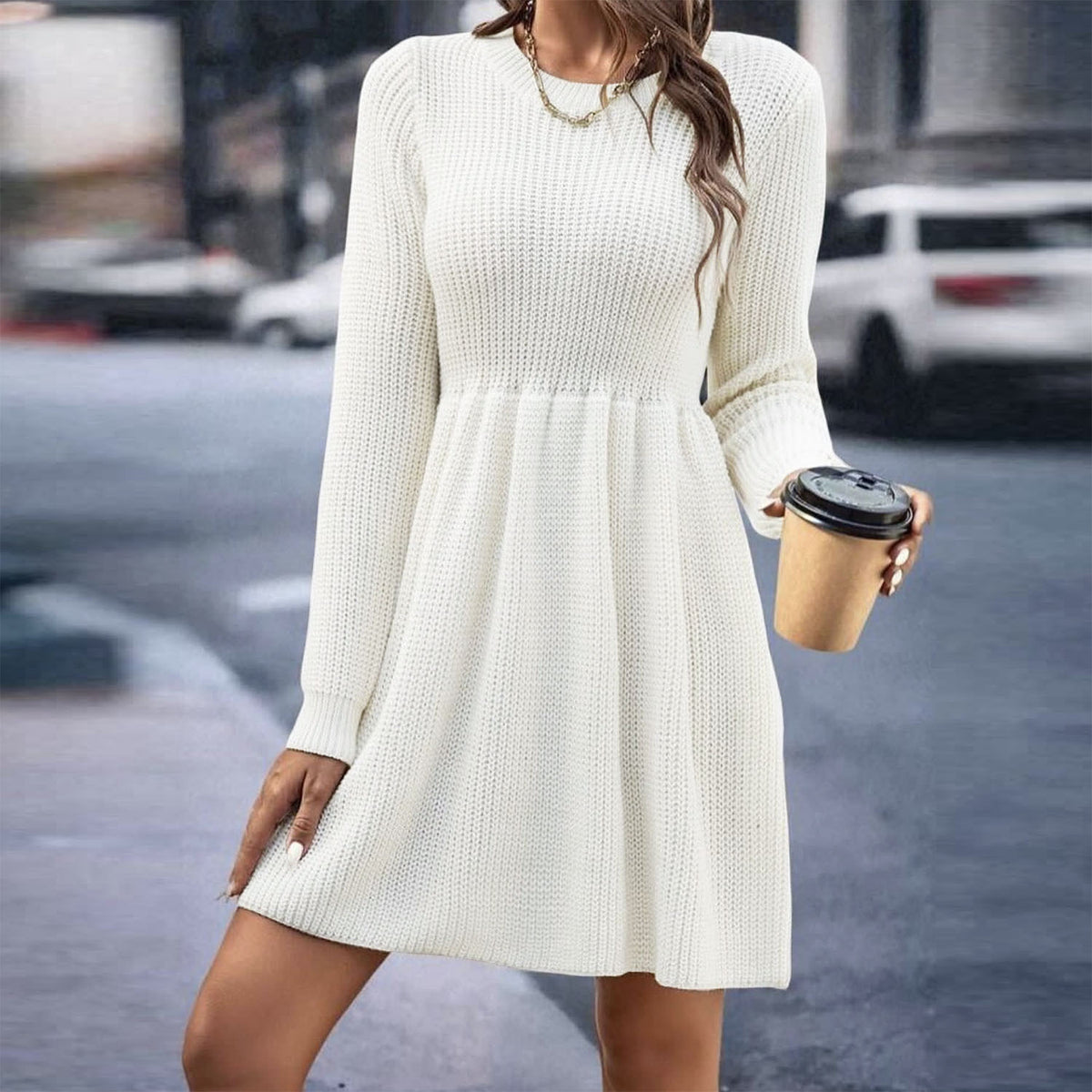 Ribbed Crew Neck Long Sleeve Fit and Flare Sweater Dress