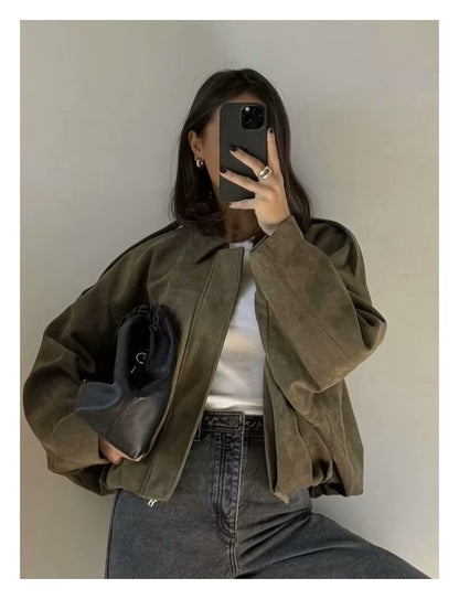Womens Faux Suede Bomber Jacket Zip Up Collared