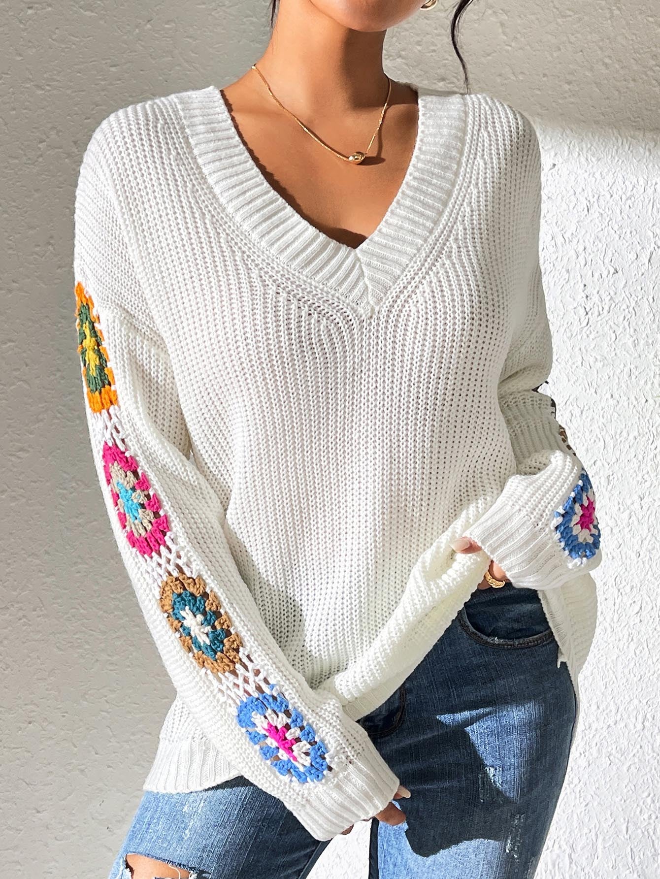 Fall/Winter Casual Loose V-Neck Crochet Floral Sweater