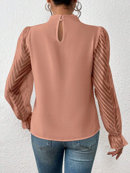 Mock Neck Chiffon Blouse Lace Sleeve Elegant Work Top